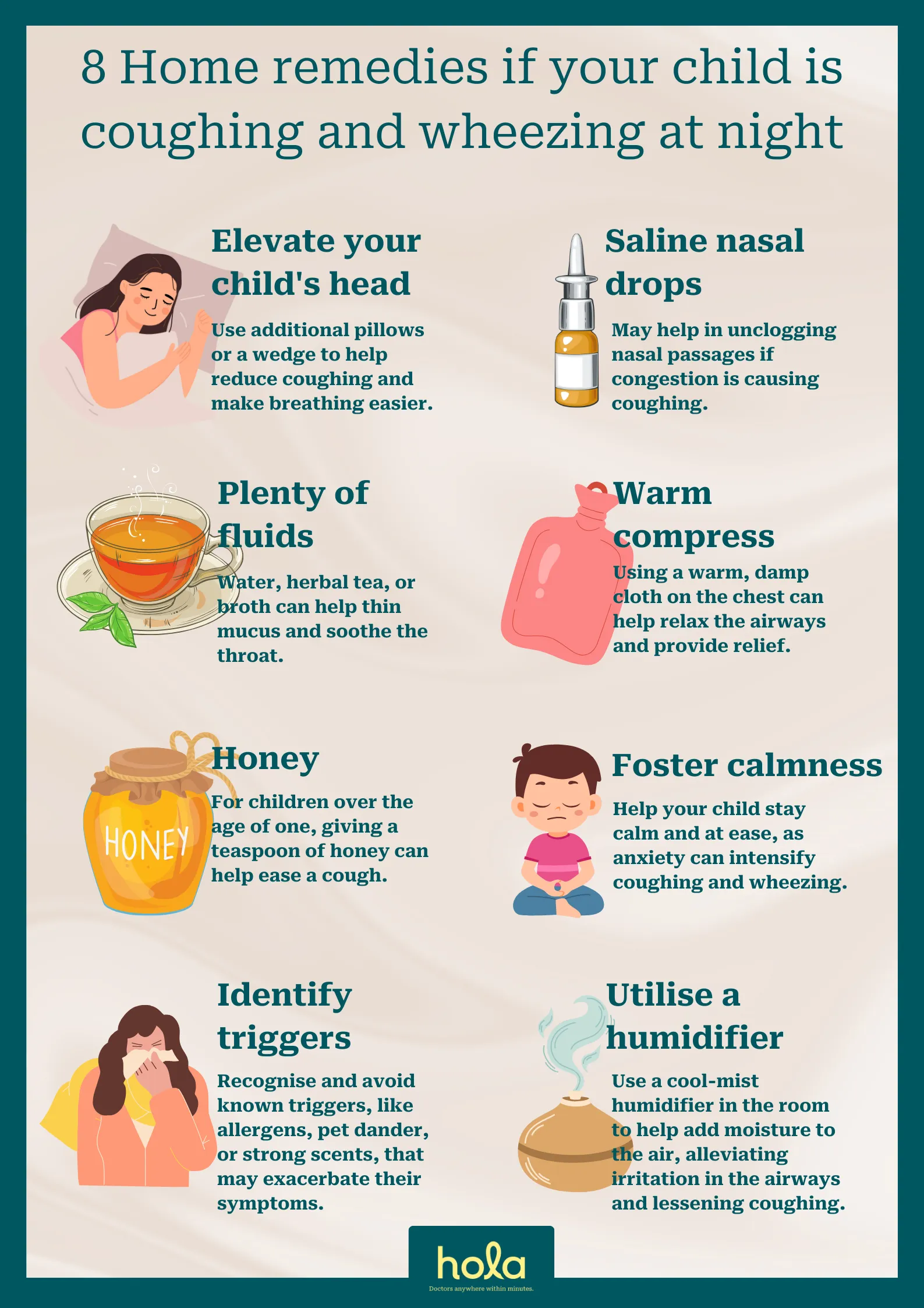 If your child experiences coughing and wheezing during the night, there are various home remedies and methods you can implement that don't require urgent medical attention to ease their symptoms