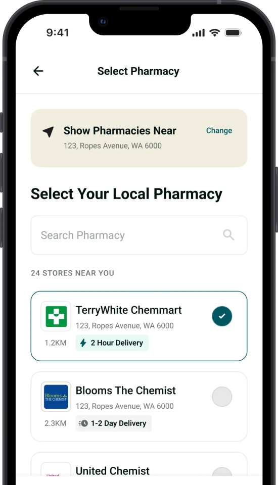 Hola-Health-app-showing-pharmacy-selection-and-same-day-medicine-delivery-options